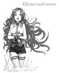  banshee bdsm bondage bound bound_arms breasts greyscale kara_(color) large_breasts long_hair miniskirt monochrome open_mouth original pencil_skirt shirt simple_background skirt sleeveless sleeveless_shirt solo thighhighs 