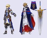  alternate_costume armor artoria_pendragon_(all) blonde_hair blue_cape breastplate cape fate/stay_night fate_(series) gauntlets greaves green_eyes hair_bun helmet saber scabbard sheath sheathed short_hair simple_background solo standing sword todee weapon 