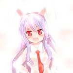  animal_ears blush bunny_ears dress_shirt hands_on_hips lavender_hair necktie purple_hair red_eyes red_neckwear reisen_udongein_inaba shirt shize_(coletti) solo tears touhou upper_body 