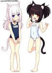  :&lt; :3 animal_ears bad_id bad_pixiv_id bangs barefoot bell bell_collar black_hair blue_eyes blue_swimsuit blunt_bangs blush cat_ears cat_tail chocola_(sayori) collar feet flat_chest hand_on_own_face highres long_hair multiple_girls name_tag nekopara old_school_swimsuit one-piece_swimsuit open_mouth pigeon-toed pink_hair sayori school_swimsuit slit_pupils standing standing_on_one_leg swimsuit tail twintails vanilla_(sayori) white_school_swimsuit white_swimsuit younger 