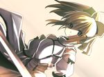  armor armored_dress artoria_pendragon_(all) bad_id bad_pixiv_id blonde_hair dress dutch_angle fate/stay_night fate/unlimited_codes fate_(series) frown hair_ribbon ponytail ribbon saber saber_lily solo sword weapon yui_tooru 