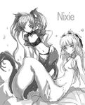  bare_shoulders bow bowtie flat_chest greyscale hand_on_hip head_fins kara_(color) long_hair looking_at_viewer monochrome monster_girl multiple_girls navel nixie_(mythology) original simple_background sitting strapless tail tubetop twintails 