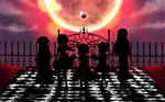  apple bad_apple!! bad_id bad_pixiv_id checkered checkered_floor daffobird flandre_scarlet food fruit full_moon highres hong_meiling izayoi_sakuya moon multiple_girls patchouli_knowledge red_moon remilia_scarlet silhouette touhou 