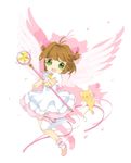  bad_id bad_pixiv_id brown_hair card cardcaptor_sakura choker green_eyes holding holding_card hoshi_no_tsue kero kinomoto_sakura magical_girl mako_(yodo-gawa) pink_choker sakura_card short_hair single_thighhigh star star_choker thighhighs wand wings 