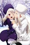  absurdres boots closed_eyes coat day fate/zero fate_(series) fur_hat hat highres holding_hands illyasviel_von_einzbern irisviel_von_einzbern kiss long_hair megami mother_and_daughter multiple_girls non-web_source official_art one_eye_closed open_mouth outdoors pantyhose purple_hat red_eyes silver_hair snow thigh_boots thighhighs tsuji_masatoshi very_long_hair winter 