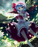  ascot bat_wings blue_hair cloud cross finger_in_mouth flower full_moon graveyard md5_mismatch medium_skirt moon night petals pink_skirt plant red_eyes remilia_scarlet rugo shirt short_hair skirt skirt_set sky solo star_(sky) striped striped_skirt touhou upskirt vines wind wings wrist_cuffs 