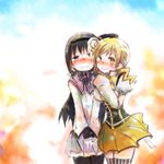  akemi_homura black_hair blonde_hair blush drill_hair hair_ornament hairband hat hug long_hair magical_girl mahou_shoujo_madoka_magica multiple_girls muro pantyhose purple_eyes tomoe_mami yellow_eyes 