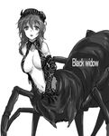  :o arachne bangs bare_shoulders breasts center_opening cleavage collarbone covering covering_crotch elbow_gloves gloves greyscale hair_between_eyes hat insect_girl kara_(color) large_breasts looking_at_viewer monochrome monster_girl navel open_mouth original outstretched_hand simple_background sleeveless solo spider_girl white_background 