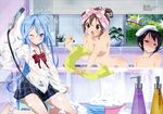  absurdres bathing bathtub black_hair blue_eyes blue_hair blue_towel breasts brown_hair censored cleavage convenient_arm day denpa_onna_to_seishun_otoko hair_up highres holding holding_towel large_breasts long_legs maekawa megami megami_deluxe mifune_ryuuko multiple_girls nude official_art one_eye_closed pink_towel polka_dot polka_dot_towel school_uniform shower_head sparkle striped_towel sugiyama_nobuhiro touwa_erio towel towel_on_head wet white_towel yellow_towel 