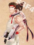  1girl age_regression black_hair blush carrying detached_sleeves dougi drill_hair dudou eyebrows hair_ornament halter_top halterneck han_juri headband injury muscle pants piggyback purple_eyes ryuu_(street_fighter) street_fighter street_fighter_iv_(series) thick_eyebrows toeless_legwear toenail_polish torn_clothes torn_pants twin_drills younger yuni_(ponde_mocha) 