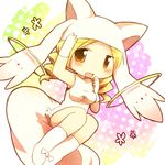  adjusting_clothes adjusting_hat bare_shoulders blonde_hair boots bow breasts cosplay drill_hair gloves hat kabuyou kyubey kyubey_(cosplay) mahou_shoujo_madoka_magica medium_breasts open_mouth shirt smile solo tail taut_clothes taut_shirt tomoe_mami yellow_eyes 