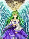  bad_id bad_pixiv_id detached_sleeves frog gohei green_hair hair_ornament kochiya_sanae light_rays long_hair magic mgn0isi oekaki serious snake solo sunbeam sunlight touhou water waves wide_sleeves 