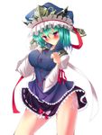  absurdres bad_id bad_pixiv_id black_skirt blue_eyes blush breasts green_hair hands_on_own_chest hat highres lace lace-trimmed_skirt large_breasts lowleg lowleg_panties miniskirt panties ribbon-trimmed_skirt ribbon_trim shiki_eiki side-tie_panties skirt solo sousakubito spread_legs thighs touhou underwear 