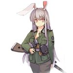  alternate_costume animal_ears bunny_ears coat commentary_request gun jewelry long_hair lowres mouzhipotuzi necklace pants pendant pink_eyes purple_hair reisen_udongein_inaba rifle smile solo touhou weapon 