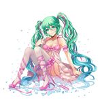  aqua_eyes arm_support babydoll bad_id bad_pixiv_id green_hair hair_ribbon hatsune_miku high_heels long_hair momori nail_polish ribbon shoes sitting smile solo thighhighs twintails very_long_hair vocaloid 