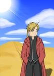  3gameover3 alphonse_elric beaming blonde_hair desert fullmetal_alchemist hair hands_in_pocket jacket looking_away male not_furry ponytail shadow sun tracks walking yellow_eyes 