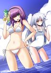  ;d angel_beats! aqua_eyes bare_shoulders bikini blush breasts cloud day groin hairband hand_on_hip hands_on_own_chest looking_at_viewer medium_breasts multiple_girls navel one-piece_swimsuit one_eye_closed open_mouth outdoors purple_hair school_swimsuit shinshin side-tie_bikini silver_hair sky smile swimsuit tenshi_(angel_beats!) wading water white_bikini white_school_swimsuit white_swimsuit yellow_eyes yuri_(angel_beats!) 