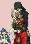  1boy 2girls angry blush breasts cleavage couple dark_elf dark_skin elf envy highres hug jealous large_breasts minato_hikaru minato_kageaki multiple_girls nitroplus panties pantyhose pointy_ears sandaime_muramasa sansei_muramasa soukou_akki_muramasa underwear 