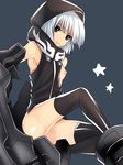  armpits bad_id bad_pixiv_id black_rock_shooter breast_slip breasts brown_eyes hood nipples no_panties one_breast_out pussy simple_background small_breasts solo strength_(black_rock_shooter) thighhighs torn_clothes white_hair yui_tooru 