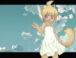  blonde_hair blush canine cloud clouds dress female fox hair looking_at_viewer mammal open_mouth pose ribbons solo uyu yoing young 