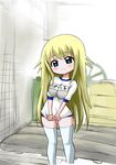  blonde_hair blue_eyes blush buruma crystal_na_yousuke gym_storeroom gym_uniform highres indoors long_hair original shirt_tug solo thighhighs vaulting_horse zettai_ryouiki 