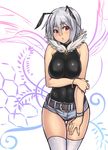  antennae bare_shoulders bee_girl belt blush breasts covered_nipples curvy fur_trim highres holding_arm houtengeki impossible_clothes impossible_shirt insect_girl large_breasts legs monster_girl original personification red_eyes shirt short_hair short_shorts shorts silver_hair sketch skin_tight sleeveless solo thigh_gap thighhighs watch white_legwear 