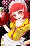  1girl atlus beauty_mark blush breasts brown_eyes catherine_(game) cleavage drink erica_anderson female glass hand_on_hip headdress hips maid_headdress mole platter red_hair short_hair solo soyd_562 tray uniform waitress 