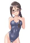  braid breast_suppress breasts brown_eyes brown_hair cleavage cowboy_shot glasses hair_ornament hairclip medium_breasts muffin_(sirumeria) one-piece_swimsuit original red-framed_eyewear shiny shiny_clothes simple_background solo swimsuit white_background 