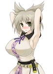  armpits arms_up belt blush breasts brown_eyes brown_hair earmuffs embarrassed huge_breasts oro_(zetsubou_girl) sideboob simple_background solo touhou toyosatomimi_no_miko 