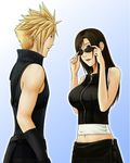  1boy 1girl bare_shoulders black_hair blonde_hair brown_eyes cloud_strife female final_fantasy final_fantasy_vii final_fantasy_vii_advent_children jacket lawine777 long_hair male open_mouth short_hair sleeveless sleeveless_turtleneck sunglasses tifa_lockhart turtleneck 