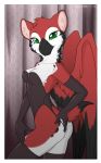  2018 anthro autumndeer avian clothing feathers female fluffy fur gloves green_eyes gryphon legwear lingerie looking_at_viewer red_fur saavi_(autumndeer) solo spots standing white_fur 