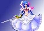  blue_eyes blue_hair blush bow bracelet breasts cleavage dragon_quest dragon_quest_v dress flora's_son frilled_dress frills genderswap genderswap_(mtf) hair_bow jewelry large_breasts long_hair necklace oushi smile sword weapon 