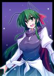  alternate_hairstyle antennae cape fireflies green_eyes green_hair hair_ribbon hemogurobin_a1c long_hair night older open_mouth puffy_sleeves ribbon smile solo touhou touhou_ningyougeki wriggle_nightbug 