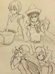  3girls alena_(dq4) bad_id bad_pixiv_id bikini_top blush cape card circlet dragon_quest dragon_quest_iv dress gloves hat hero_(dq4) holding holding_card kami_musume long_hair manya minea monochrome multiple_girls siblings sisters sketch sparkle 