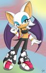  blue_eyes bra breasts cleavage clothed clothing female gloves hair half-closed_eyes mammal midriff pants rouge_the_bat sega shauni_rose shoes solo sonic_(series) sonic_riders sports_bra underwear white white_clothing white_hair wings 