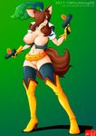  big_breasts boots breasts female gloves gun huge_breasts human mammal nipple_slip nipples pirate pussy ranged_weapon smile solo tail weapon wide_hips witchking00 