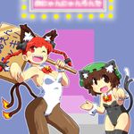  animal_ears bell black_legwear braid brown_eyes brown_hair brown_legwear cat_ears cat_tail chen detached_collar earrings extra_ears fangs fire flame gomi_ichigo hair_ribbon hammer highres jewelry kaenbyou_rin kittysuit leotard multiple_girls multiple_tails nekomata one_eye_closed open_mouth pantyhose red_eyes red_hair ribbon short_hair smile tail tail-tip_fire thighhighs touhou translation_request twin_braids wrist_cuffs 