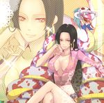  1girl amazon black_hair boa_hancock breasts cleavage crop_top earrings female jewelry large_breasts legs_crossed long_hair long_sleeves midriff one_piece salome_(one_piece) shichibukai sitting snake zoom_layer 