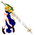  bianca's_son blonde_hair blue_eyes blush boots bracelet breasts cape dragon_quest dragon_quest_v genderswap genderswap_(mtf) highres huge_weapon jewelry long_hair medium_breasts naked_cape nude open_mouth oushi pussy sword weapon 
