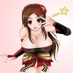  :d bare_shoulders bent_over breasts brown_eyes brown_hair cleavage detached_sleeves erect_nipples female hairband kaihime large_breasts long_hair notta_(takeno) open_mouth sengoku_musou sengoku_musou_3 simple_background smile solo takeno-ko v 