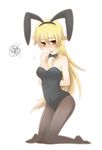  animal_ears ashikaga_chachamaru blonde_hair bow bowtie bunny_ears bunnysuit choro_(kuji111) detached_collar fake_animal_ears highres long_hair open_mouth pantyhose solo soukou_akki_muramasa very_long_hair 