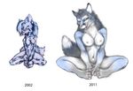  2011 anthro breasts canine comparison female fox looking_at_viewer mammal nipples nude pira plain_background sitting tongue tongue_out white_background 