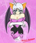  big_breasts blue_eyes boots breasts cleavage clothed clothing female gloves hair human humanized mammal pink_background plain_background robert_anderson rouge_the_bat sega solo sonic_(series) watermark white_hair wings 