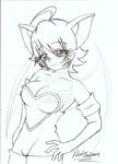  annoying_watermark black_and_white breasts cleavage clothed clothing female gloves hand_on_hip human humanized mammal monochrome plain_background robert_anderson rouge_the_bat sega sketch smile solo sonic_(series) watermark white_background wings 