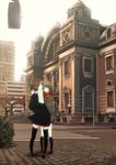  architecture bad_id bad_pixiv_id blue_eyes blush brown_eyes brown_hair building city cityscape coat comrade_stalin hand_in_pocket highres lamppost loafers looking_back miniskirt multiple_girls original osaka_(city) pavement pleated_skirt real_world_location red_skirt road scarf shoes skirt street thighhighs zettai_ryouiki 