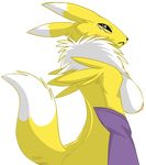  blue_eyes breasts canine digimon female fox looking_at_viewer muzz nipples pinup renamon side_boob solo 