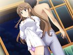  1boy 1girl arm_behind_back black_hair blue_eyes blush breasts brown_hair cleavage closed_mouth dutch_angle game_cg hand_behind_back hand_on_breasts happy indoors koi_to_mizugi_to_taiyo_to large_breasts long_hair long_sleeved_shirt looking_down night nipples panties pants pose pov shirt shirtless short_hair sky smile star stars tanline trees underwear white white_long_sleeved_shirt white_shirt window 