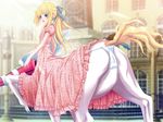  1girl blonde_hair blonde_tail blue_eyes bow centaur centauress clothed clothing dress dressed equine female flat_chest flat_chested game_cg hair hair_bow hooves human lance long_hair mammal monster monster_girl outdoors panties pink_dress polearm princess_x slinky_panties solo spear string_panties tail taur underwear unknown_artist weapon white_panties white_pelt winged_spear 