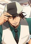  adjusting_clothes adjusting_hat brown_eyes brown_hair cabbie_hat eyelashes facial_hair hat kaburagi_t_kotetsu lord_g male_focus necktie one_eye_closed solo stubble tiger_&amp;_bunny vest waistcoat zoom_layer 