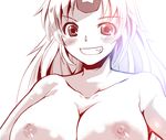  blush breasts cleavage collarbone commentary_request fang grin horn hoshiguma_yuugi large_breasts long_hair looking_at_viewer monochrome nipples nude smile solo takara_akihito teeth touhou upper_body 